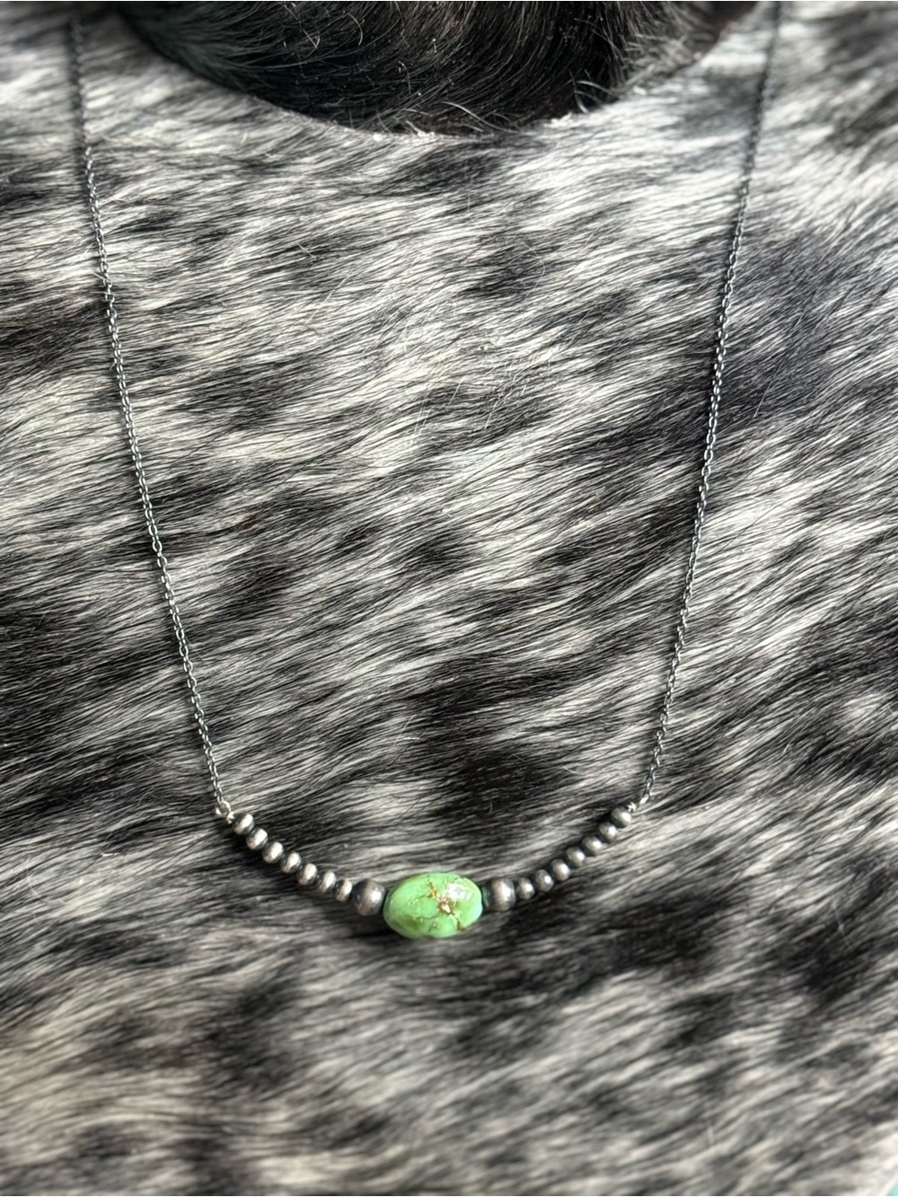 Sterling Silver Beaded Necklace with Green Sonoran Turquoise Accent